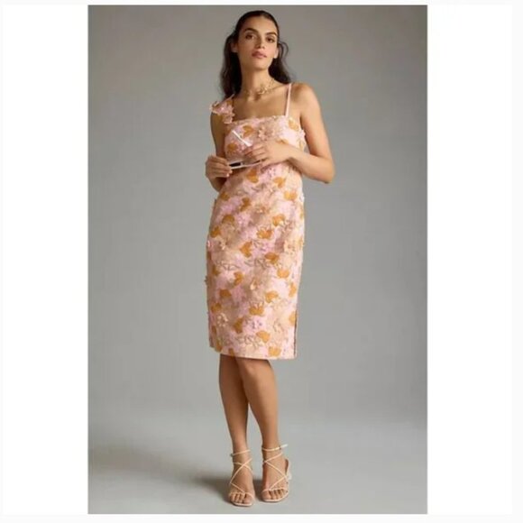 Anthro Pink Floral Applique Midi Dress - Size 4 - Picture 1 of 10